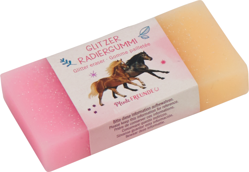 Rosa und orangefarbener Glitzer-Radiergummi, zwei Pferde, Text auf dem Etikett.