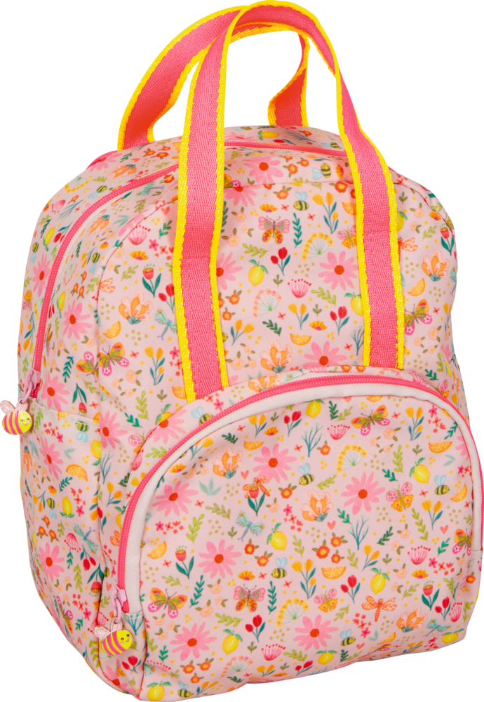 Rucksack Blümchen - Prinzessin Lillifee Rosa Rucksack mit gelben und rosa Griffen, verziert mit bunten Blumen und Schmetterlingen.