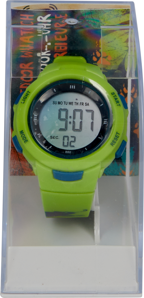 Eine grüne Digitalarmbanduhr zeigt 9:07 in einem transparenten Kunststoffgehäuse und buntem Einsatz.