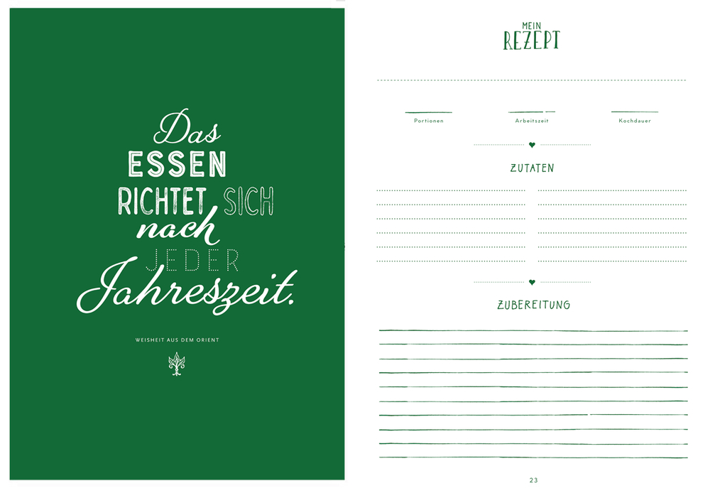 Doppelseitige Innenansicht mit grün-weißen Rezeptseiten: linke Seite mit einem Zitat, rechte Seite ist eine leere Rezeptvorlage.