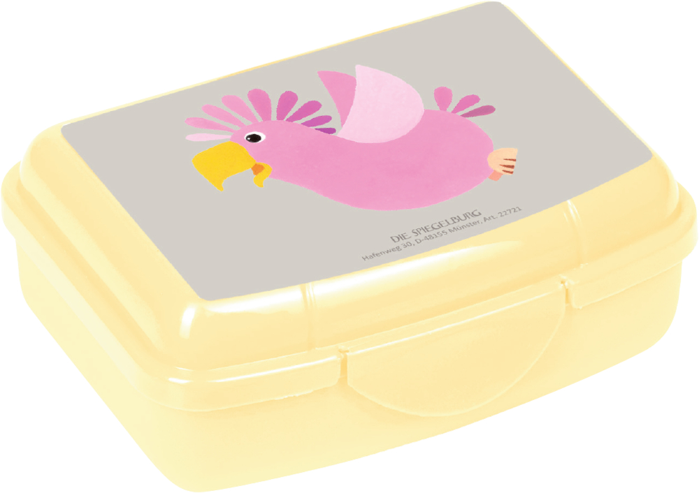 Kleine gelbe Lunchbox mit einem rosa Cartoon-Kakadu und gelbem Schnabel auf dem Deckel.