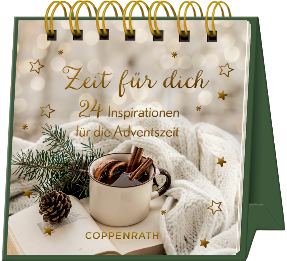 Aufgestellter Adventskalender mit Spiralbindung, einer TaÃŸe heiÃŸer Schokolade, Zimtstangen, Tannenzapfen und kuschelige Decke.
