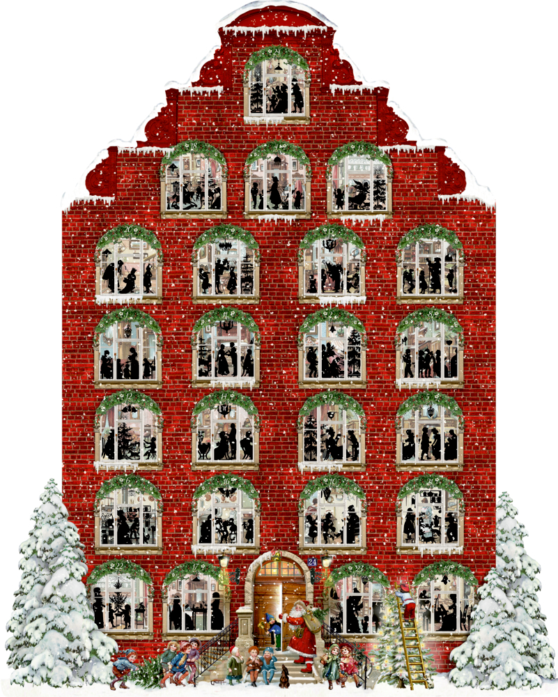 Nostalgisches Weihnachtshaus, Wand-Adventskalender mit Pop-up (Behr) Festliches Backsteingebäude mit verschmückten Fenstern, verschneiten Bäumen und Kindern beim Weihnachtsmann.