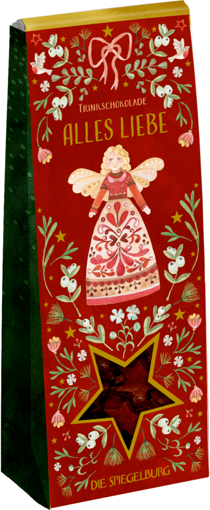 Rote festliche Trinkschokoladenverpackung mit Engel, Blumenmuster und Text: „Alles Liebe“.