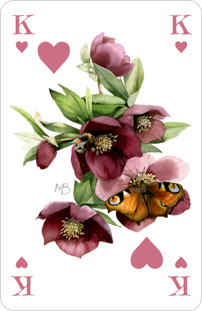 Herzkönig-Karte mit dunkelroten Blumen, einer Biene und einem Schmetterling in der Mitte.