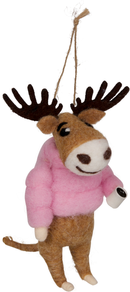 Elch-Ornament aus Filz in einem rosa Pullover, an einer Schnur hängend.