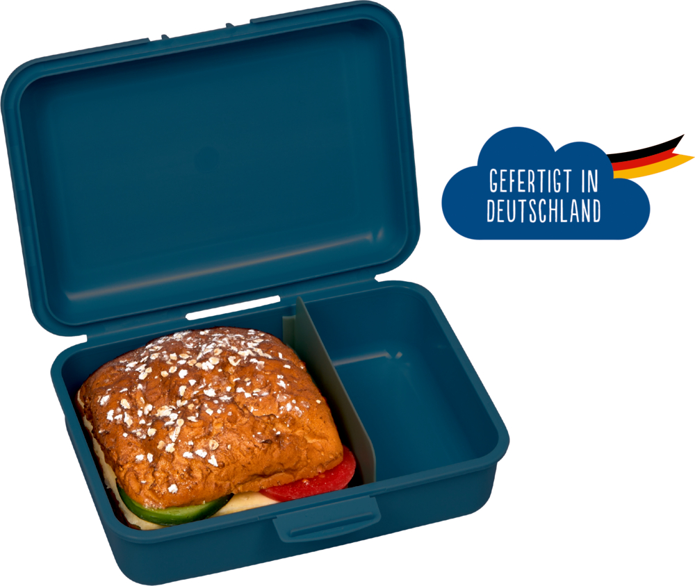Blaue Lunchbox mit Sandwich darin; Deutsches Flaggensymbol mit Text „GEFERTIGT IN DEUTSCHLAND“ (Made in Germany).