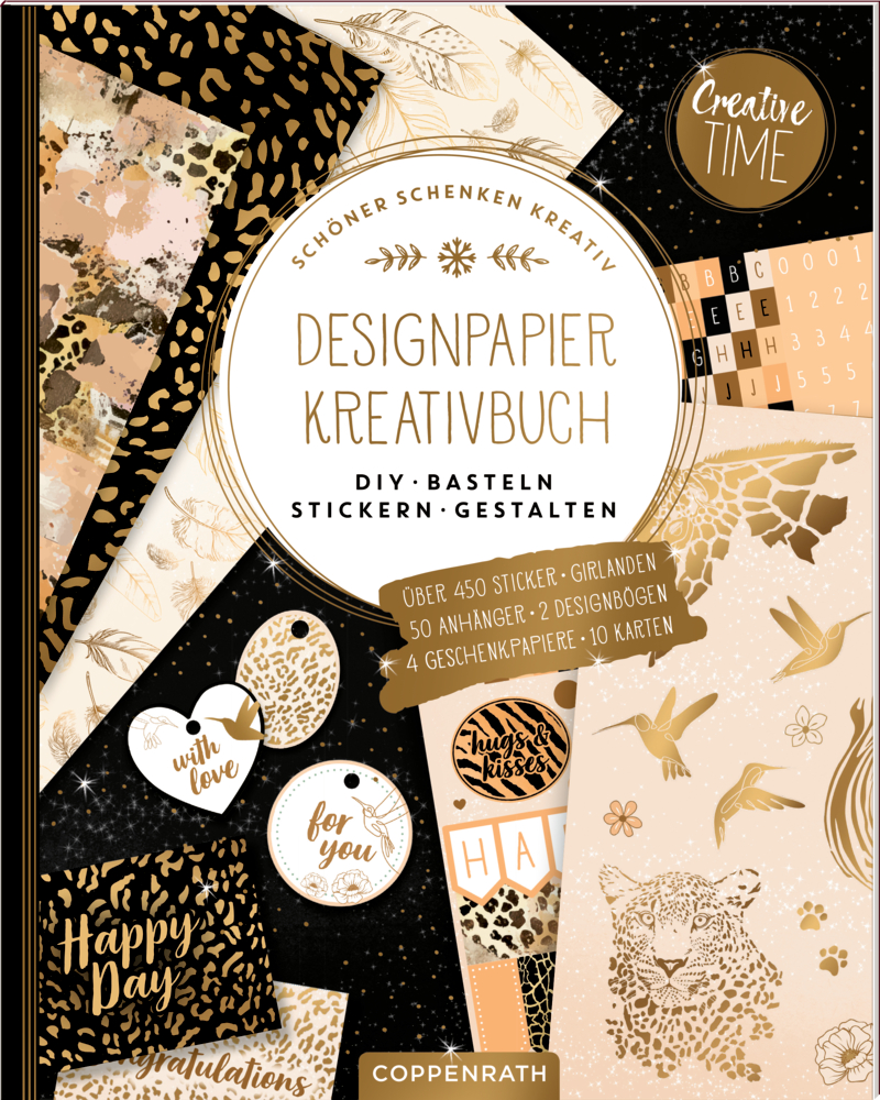Cover mit Tierdrucken, Aufklebern und kreativen Designs in Gold, Schwarz und Beige.