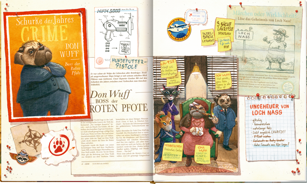 Doppelseite auf dem ein Foto von einem Detektivbüro mit Hund-Charakteren, Notizen, Skizzen, Zeitungsartikel und ein „Schurke des Jahres“-Plakat illustriert sind.