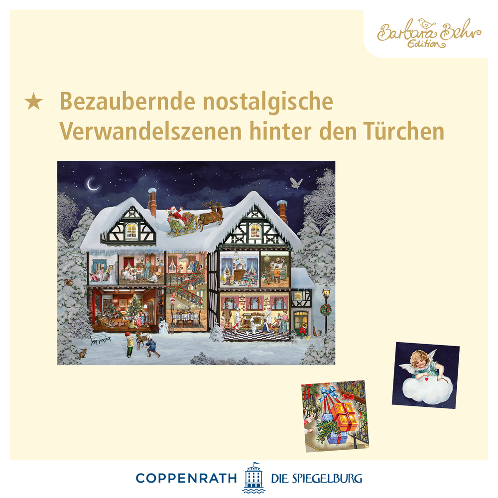 Festliches Schneehaus mit Adventskalenderszenen und Weihnachtsdekoration.