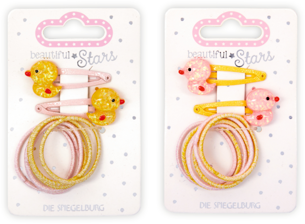 Haarclip & Haargummi Ente - beautiful Stars Zwei Sets Haarschmuck: Entenspangen und pastellfarbene Haargummis auf gepunkteten „Beautiful Stars“-Karten.