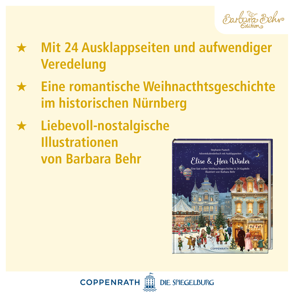 Buch „Elise & Herr Winter“ mit weihnachtlicher Nürnberger Stadtszene auf dem Cover, daneben Text zu Ausstattung und Illustrationen.