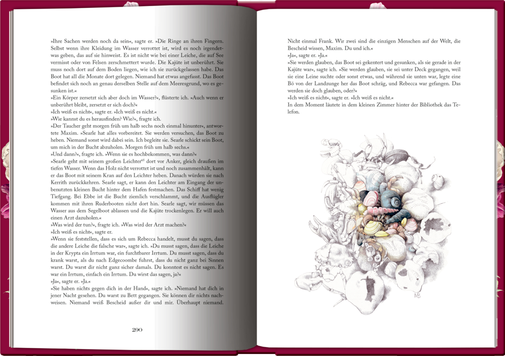 Offenes Buch mit Text und einer Illustration von Muscheln und Meeresgegenständen auf der rechten Seite.