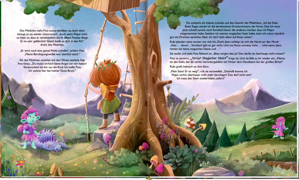 Ein Mädchen spricht mit Tieren neben einem Baumhaus in einem lebendigen, magischen Wald, auf einer Doppelseite mit Text.