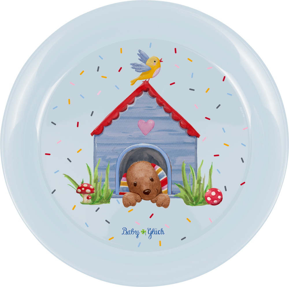 Teller Dackel - BabyGlück Hellblauer Teller einem kleinen Hund in in einer blauen Hundehütte und mit buntem Konfetti.