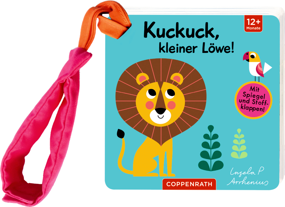 Mein Filz-Fühlbuch für den Buggy: Kuckuck, kleiner Löwe! Farbenfroher Babybucheinband: Löwenillustration, rosa Buggyband aus Stoff, Titelschriftzug auf türkisfarbenem Hintergrund.
