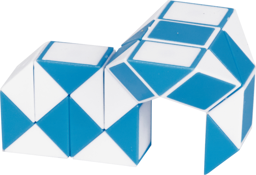 Blau-weißes, gewundenes Schlangenpuzzle, das in eine geometrische Bogenform gebogen ist.