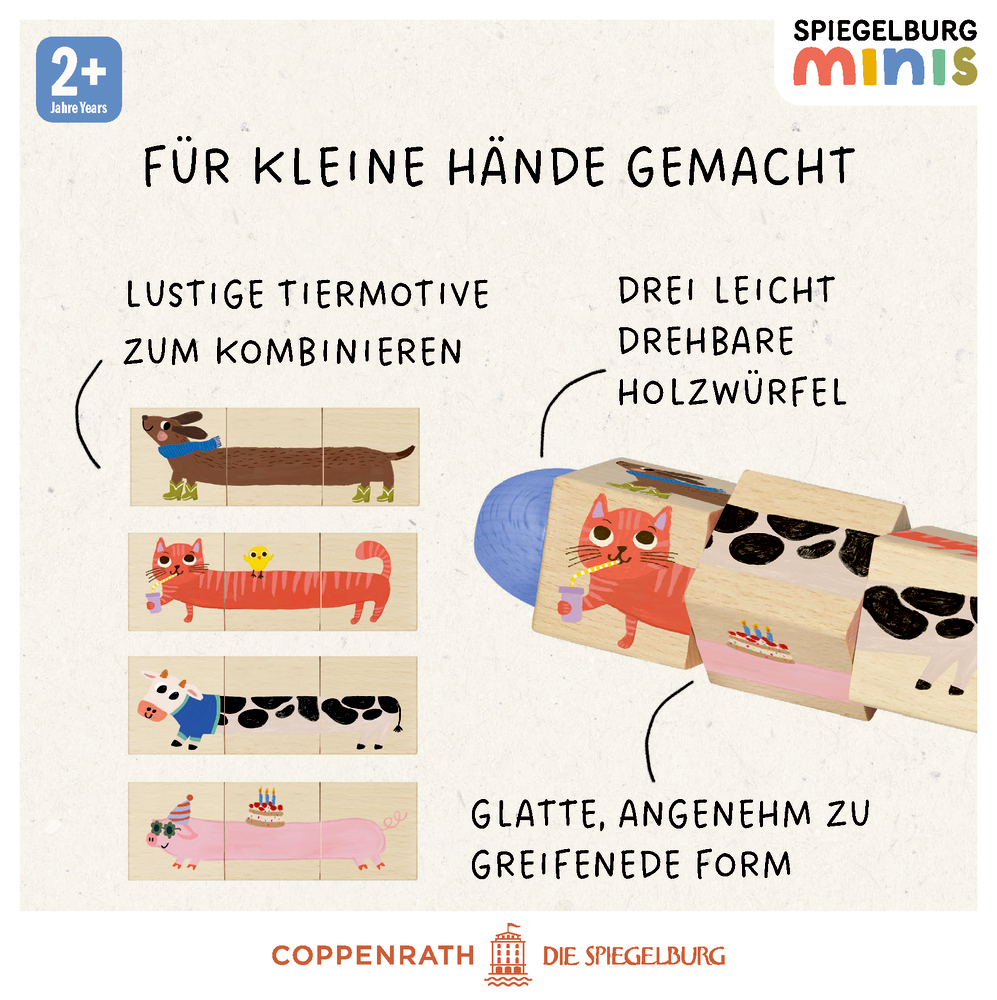 Mehrere Holzklötze in Tierform, handlich und drehbar, kombinierbar zu verschiedenen Tierfiguren.