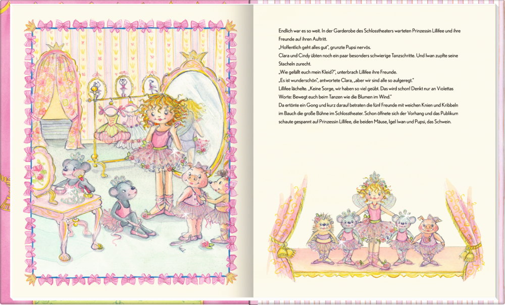 Ballerina-Prinzessin mit zwei Tierfreunden tanzen auf der Bühne, rosa Vorhänge, Titeltext.