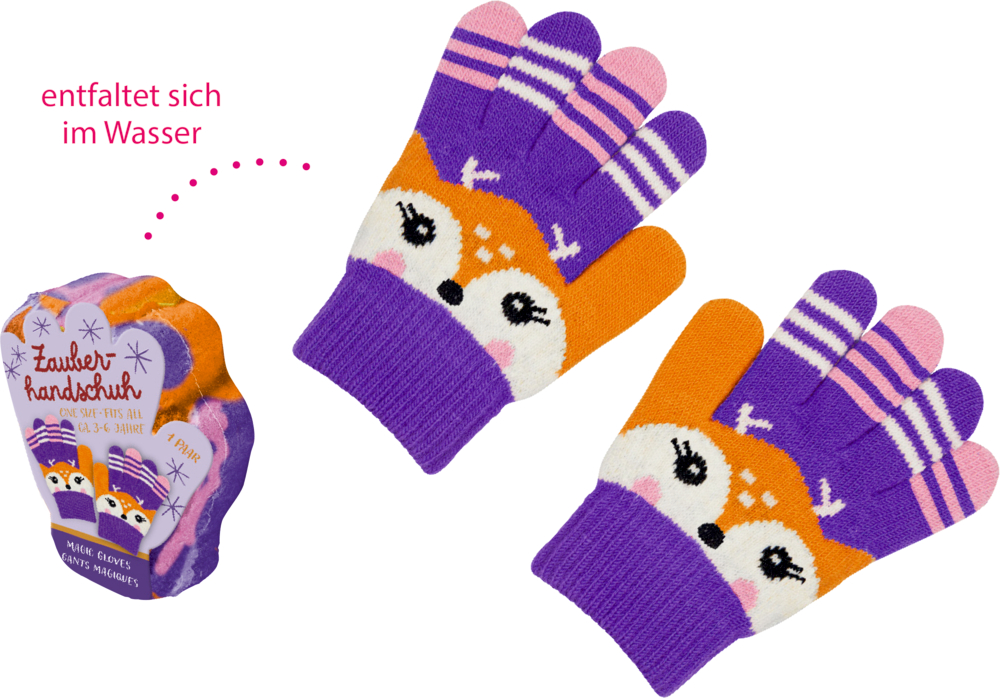 Bunte Kinderhandschuhe mit Rehgesicht-Motiv und Verpackung mit der Aufschrift „entfaltet sich im Wasser“.