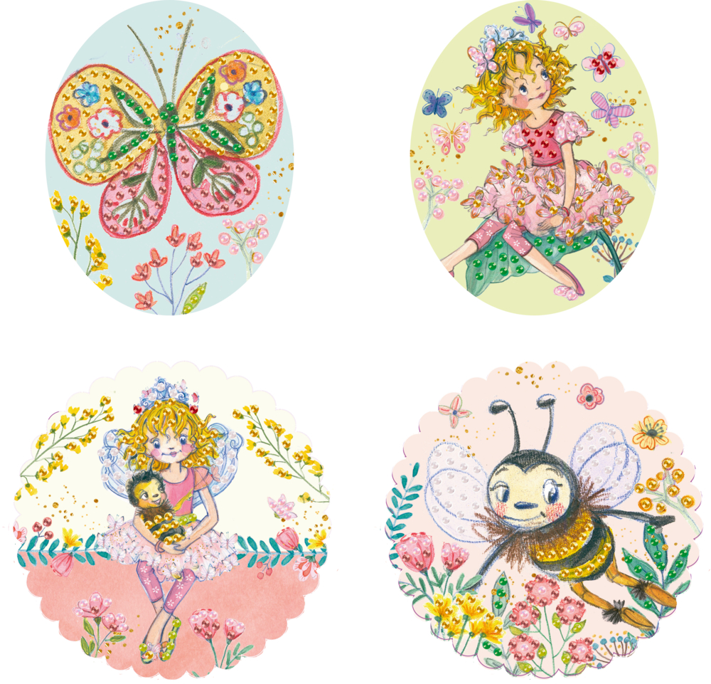 Diamond Painting - Prinzessin Lillifee Vier Ovale mit detailreichen, pastellfarbenen Motiven von Feen, Schmetterling und Biene.