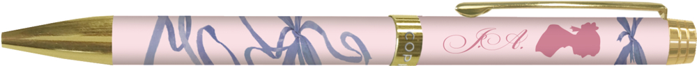 Rosa-goldener Stift mit blauen Bandakzenten, rosa Jane Austen-Silhouette und kursiven Initialen.