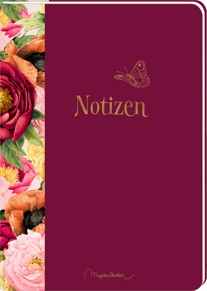 Burgunderrotes Notizheft mit goldenem Schriftzug „Notizen“ und Schmetterling auf dem Einband, floraler Rand entlang der linken Seite.