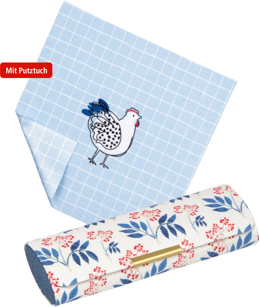 Blaues Tuch mit Hühnermotiv und einem Brillenetui mit Blumenmuster und goldenem Verschluss.