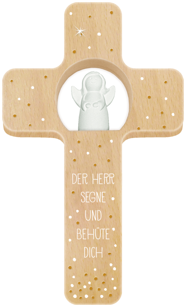 Holzkreuz Der Herr segne und behüte dich Holzkreuz mit weißer Engelsfigur und dem Text: „Der Herr segne und behüte dich“.