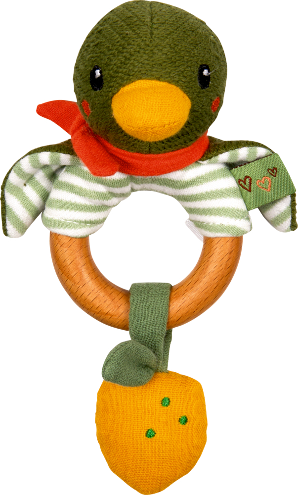 Holz-Ringrassel Ente - Little Wonder Rassel mit grünem Entenkopf, Holzring und gelbem Stoffblattanhänger