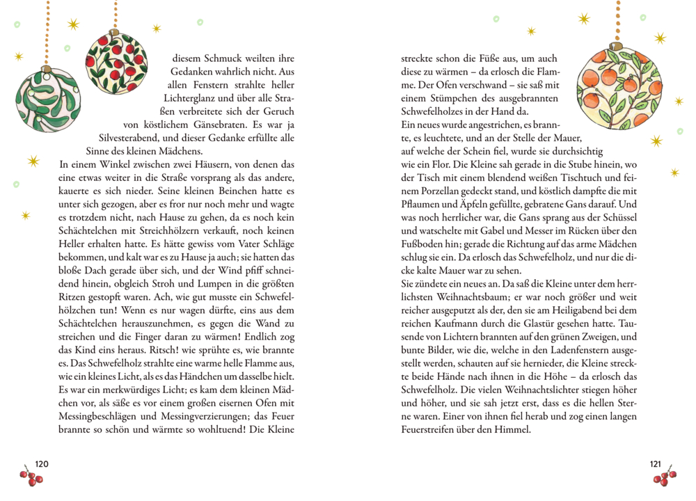 Zwei Buchseiten mit illustrierten Weihnachtskugeln und fortlaufendem Text.