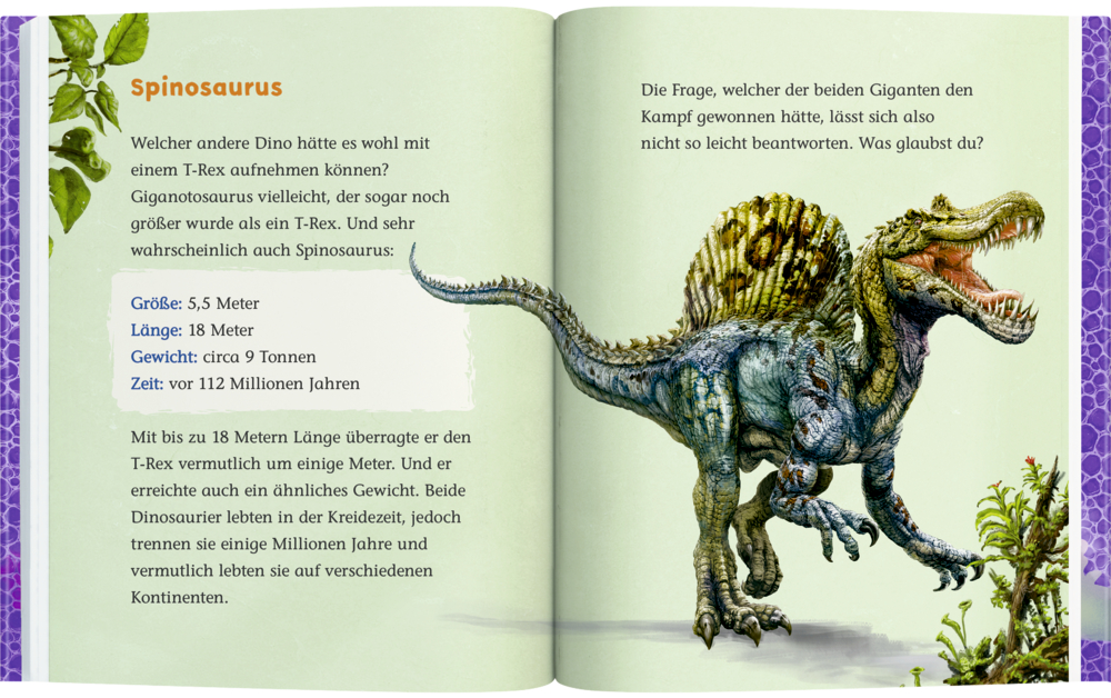 Spinosaurus mit Segelrücken brüllt zwischen grünen Pflanzen, Links erläuternder Text zu Spinosaurus, auf einer Doppelseite
