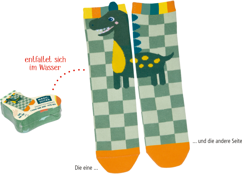 Socken mit Cartoon-Dinosaurier auf grünem Schachbrettmuster, sowohl gefaltet als auch ungefaltet abgebildet.