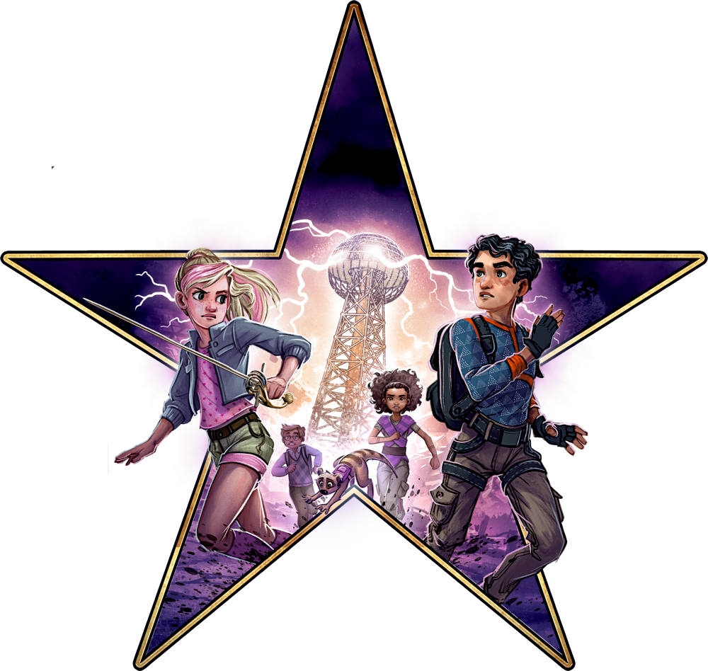 Zwei Kinder rennen aus einem vom Blitz getroffenen Turm in einem Stern, zwei weitere Kinder folgen ihnen.