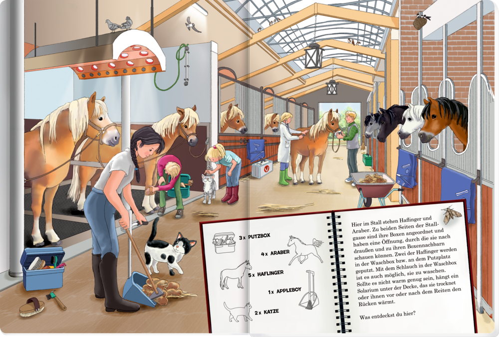 Geschäftiger Pferdestall: Leute striegeln Pferde, Kinder helfen und im Vordergrund ein offenes Notizbuch.