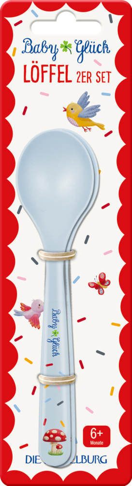 Löffel 2er-Set Dackel - BabyGlück Zwei hellblaue Babylöffel in farbenfroher Verpackung mit Vogel-, Schmetterlings- und Pilz-Illustrationen.