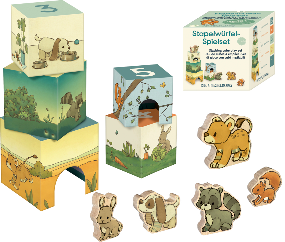 Bunte Stapelwürfel mit Tiermotiven und passenden kleinen Holzfiguren von Löwe, Hase, Hund, Waschbär und Eichhörnchen.