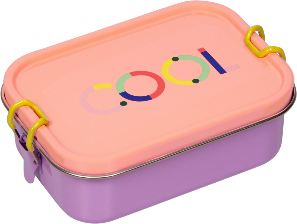 Lunchbox, papaya - TO GO Rechteckige Lunchbox mit violettem Boden und rosa Deckel mit der Aufschrift „cool“ in bunten Buchstaben.