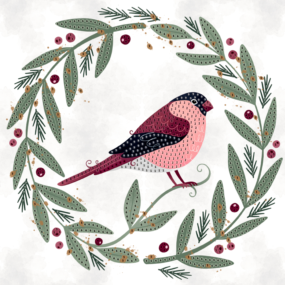 Ein rosa-schwarzer Vogel sitzt auf einem Ast, umgeben von einem Blätterkranz, der mit roten Beeren geschmückt ist.