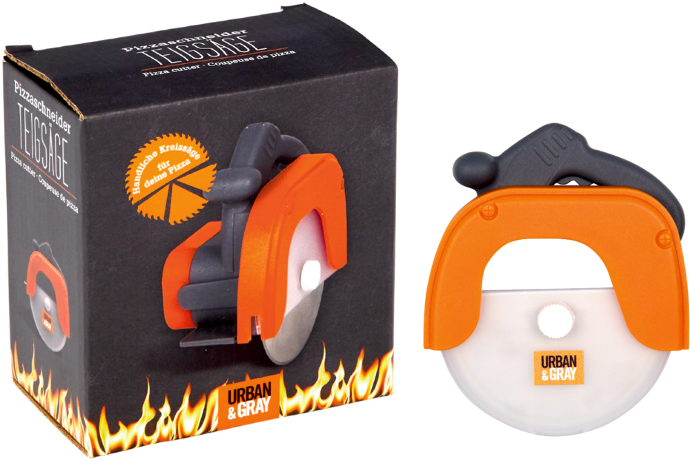 Orange und weißer Pizzaschneider in Kreissägeform neben Verpackungsschachtel mit erkennbarem Markennamen.