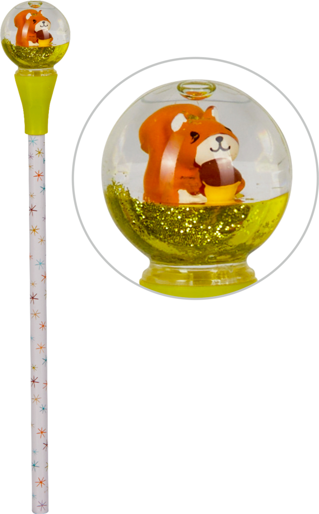 Stift mit einer Kugel oben drauf, in der ein Eichhörnchen mit einer Nuss sitzt, umgeben von schwebendem gelbem Glitzer.