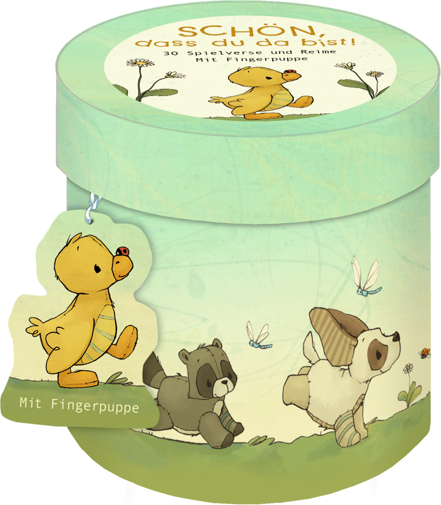 Spieledose: Schön, dass du da bist! (J. Tourlonias) Runde Box mit Illustrationen von spielender Ente, Waschbär und Hund; Etikett: Mit Fingerpuppe.