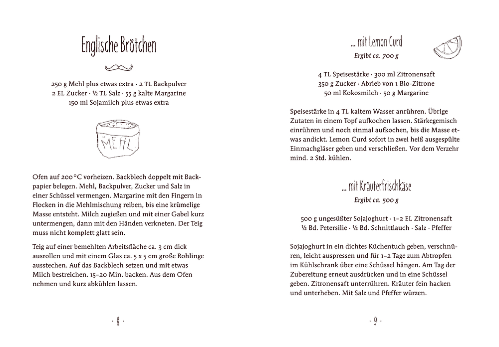 Rezeptseiten für englische Brötchen, Zitronenquark und Kräuterfrischkäse mit Zutaten und Anleitung.