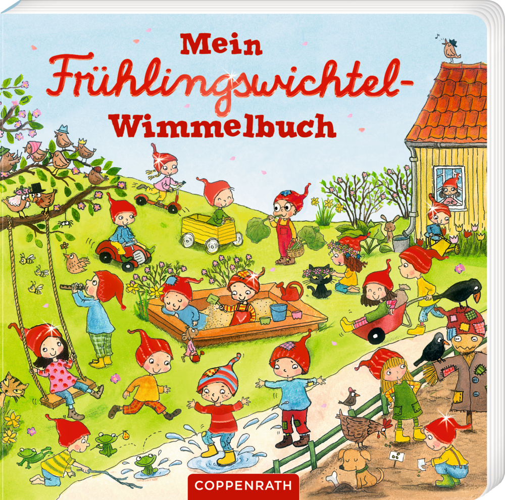 Buchcover mit mehreren Wichteln in einem bunten Garten mit Sandkasten. Titel: Mein Frühlingswichtel-Wimmelbuch.
