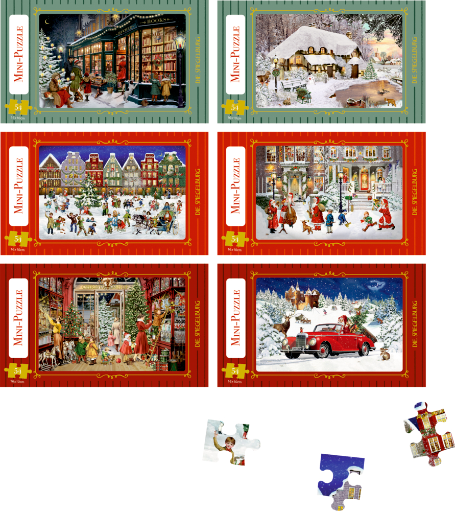 Sechs Mini-Puzzles mit weihnachtlichen Wintermotiven und mehreren einzelnen Puzzleteilen daneben.