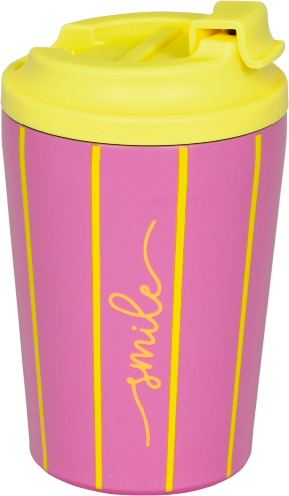Rosa Reisebecher mit gelbem Deckel, gelben vertikalen Streifen und "smile" in gelber Schreibschrift.