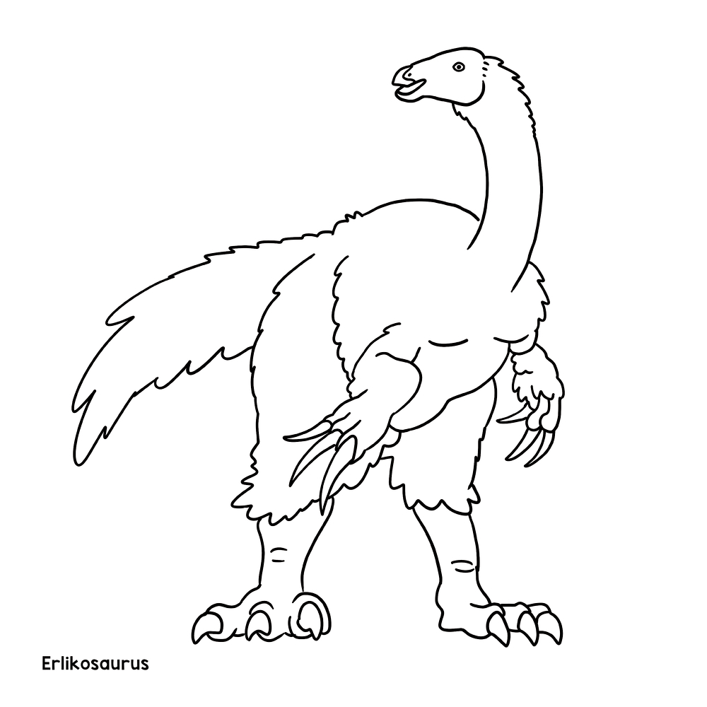 Ausmalbild eines Erlikosaurus-Dinosauriers mit Federn, langen Krallen und einem Schnabelkopf.