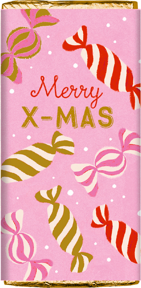 Rosa Schokoladenverpackung mit rot-weiß, rosa-weiß und gold-weiß gestreiften Bonbonmotiven und der Aufschrift „Merry X-MAS“.