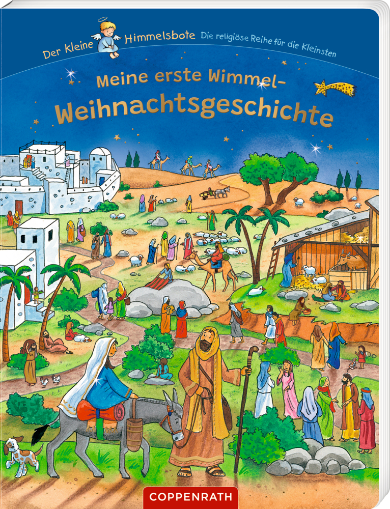 buchcover mit einer Weihnachtskrippenillustration mit Maria, Josef, einem Esel, vielen Menschen und einem leuchtenden Stern am Himmel.