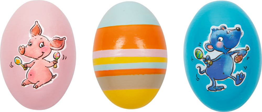 Rassel-Ei - Die Lieben Sieben Drei bunte Eier: rosa mit lachendem Schweinchen, bunt mit Streifen und blau mit tanzender Maus, die Maracas hält.